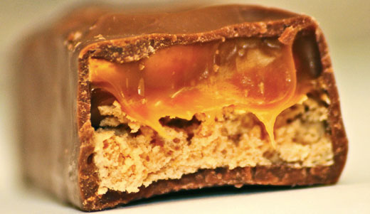 Internal photo of a Snickers candy bar